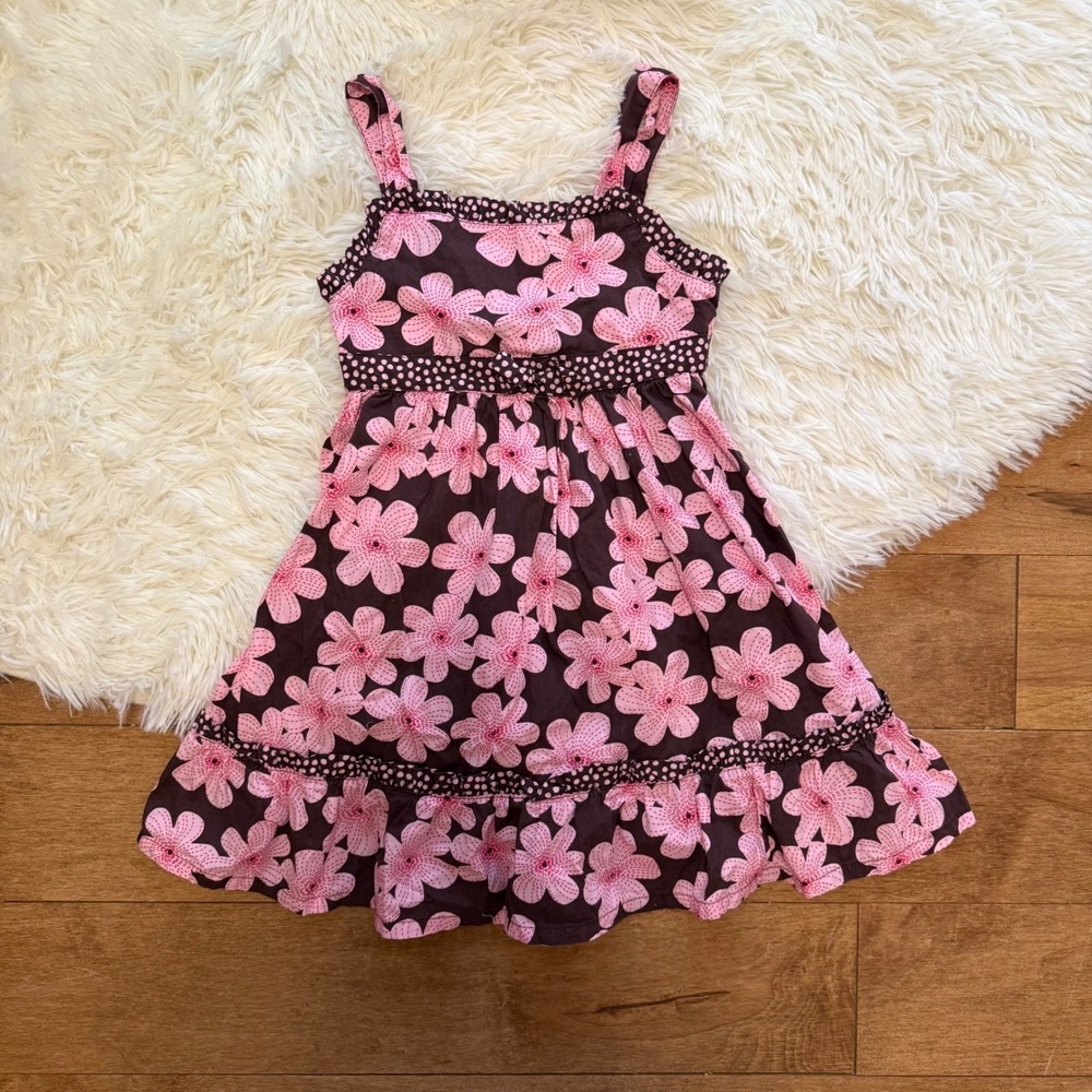 Blueberry Blvd Girls Size 6 Pink Floral Brown Cotton Sundress Polka Dot Bow Trim